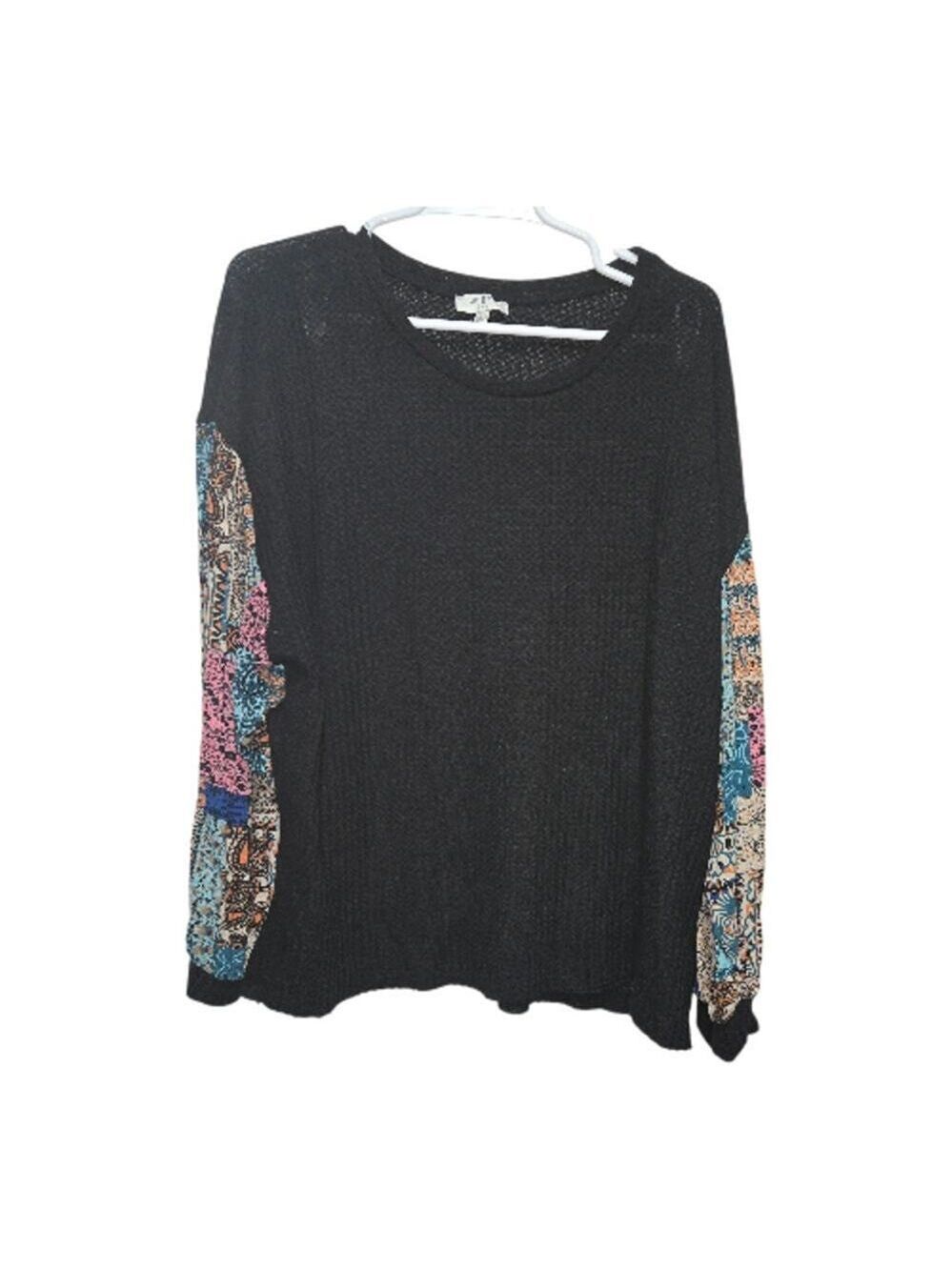 Umgee Mixed Print Sleeve Waffle Knit Top Large Boho
